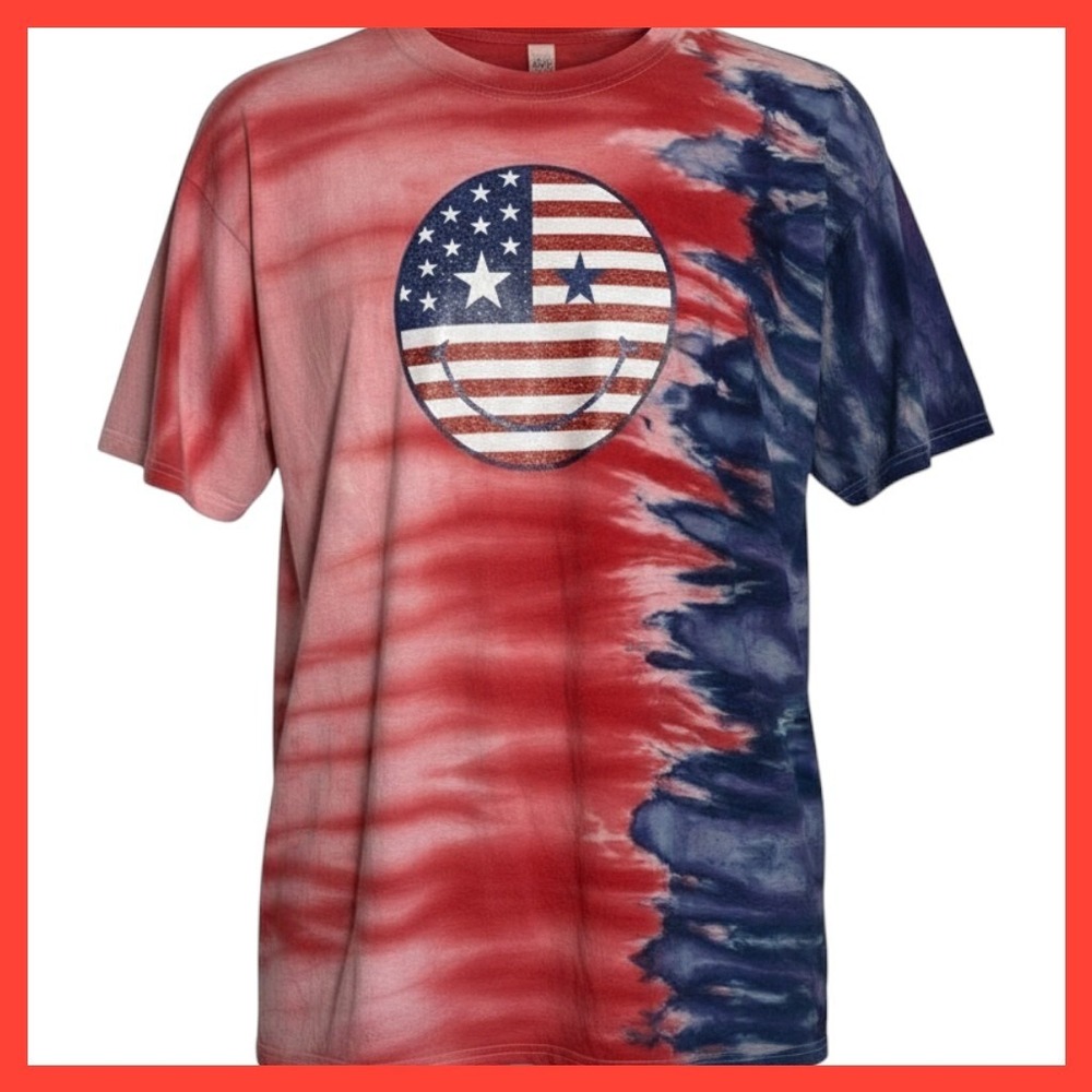 M&O Gold Red Blue Tie Dye American Flag Smiley Face Graphic Tee Shirt 3XL